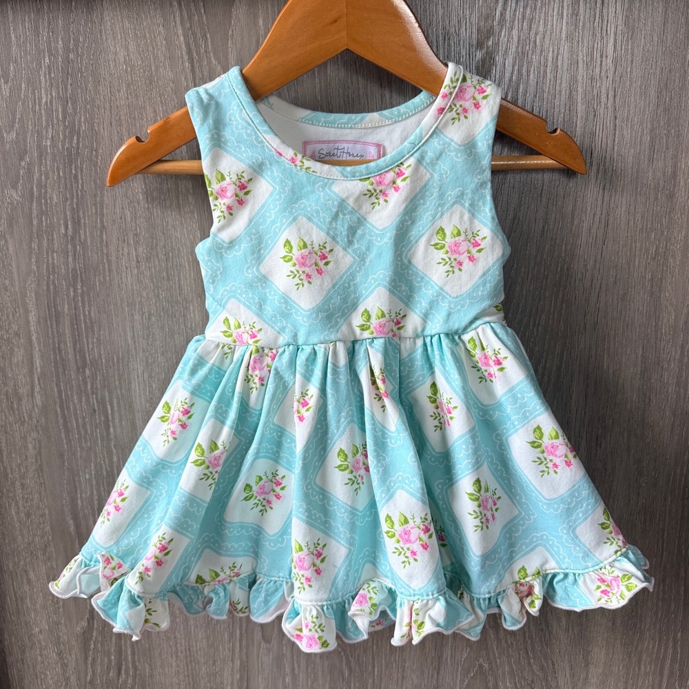 SweetHoney Romper Dress Baby Girl 18m Blue Pink Floral Ruffle Cottagecore Shabby